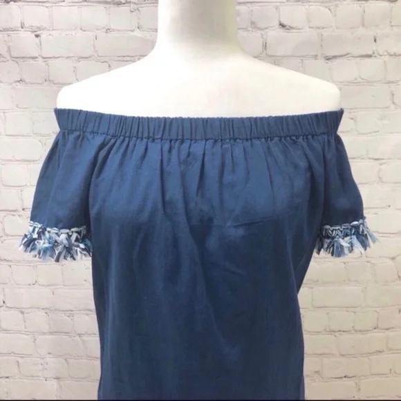 Buckley K Tala Off The Shoulder Dress Blue Fringe Size Medium - Picture 4 of 7